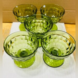 Indiana glass sherbet dishes, avocado green, Whitehall cubist. Set of 5. MINT